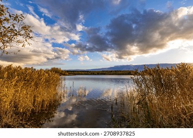 Lake with a cloudy sky in the background. The sky is mostly cloudy with a few patches of blue. The lake is calm and peaceful, with a few birds flying over it. Scene is serene and tranquil