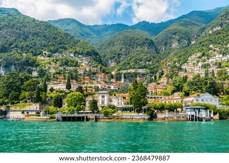 Lake Como, Moltrasio, Italy. View of the shore and buildings.