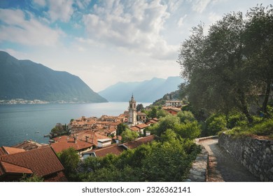 Lake Como, Sala Comacina village and the Greenway trail. Italy