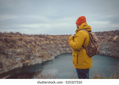 Lake In Could Autumn Wather With Man