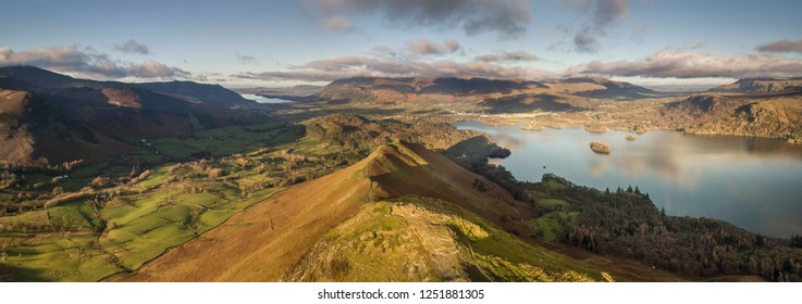 Lake District, England- Aerial Panoramic Landscape View Of Cat Bells Fell 