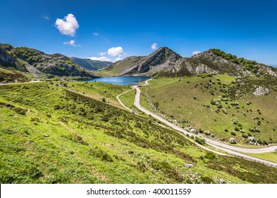 Lake Enol and mountain retreat, the famous lakes of Covadonga, Asturias , Spain - Shutterstock ID 400011559