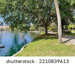 Lake Eola Park in downtown Orlando, Florida. Large commercial buildings in the background.