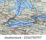 Lake Erie, a detailed atlas map of a region in the USA, suitable to illustrate a travel destination or tourism background, world trade and economy