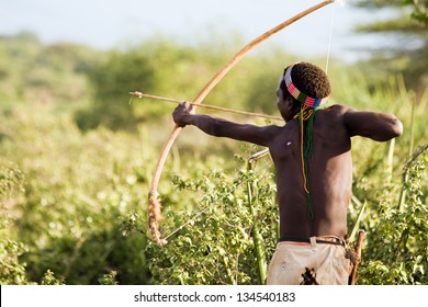 LAKE EYASI, TANZANIA - FEBRUARY 18: An unidentified Hadzabe bushman with bow and arrow during hunting on February 18, 2013 in Tanzania. Hadzabe tribe threatened by extinction.