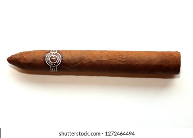 Lake Forest, California / USA - January 1, 2019: Romeo and Juliet brand Cuban Cigar with paper band. Isolated on white. Room for text. 


