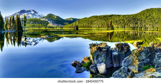 Lake Forest Hill Fresh Water Panorama. Forest Lake Water