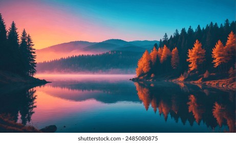 A lake with a forested hillside and mist, under a sky with a gradient from blue to warm orange hues - Powered by Shutterstock