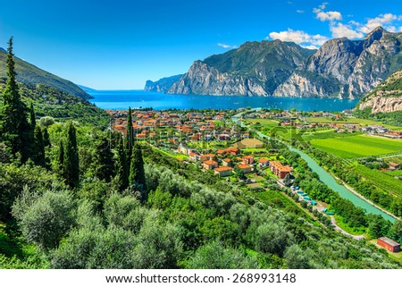 Lake Garda and Sarca river near Torbole town,Northern Italy,Europe