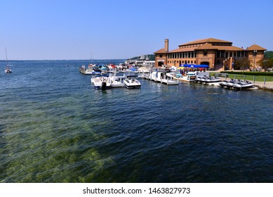 Lake Geneva, Wisconsin / USA - July 28, 2019:  The Riviera building on the shore of Lake Geneva where boat rentals and boat tours are available during the summer tourism season in Wisconsin. 