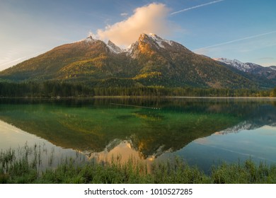 Lake Hintersee and mountain Hochkalter on a beautiful morning in spring