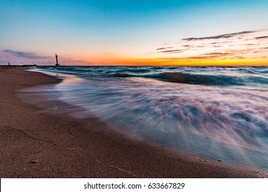 Lake Huron Waves Flowing onto Shore of Beach in Grand Bend, Ontario, Canada