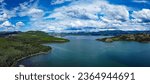 Lake Laberge boreal forest taiga wilderness aerial panoramic summer landscape, Yukon Territory, YT,  Canada