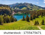 The lake Lac des Chavonnes in Switzerland surrounded by the mountains and trees