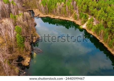 A lake located among forests, whose water is emerald in color. The banks are covered with yellow, dry grasses, leafless trees, between which you can see the green crowns of coniferous trees. 
