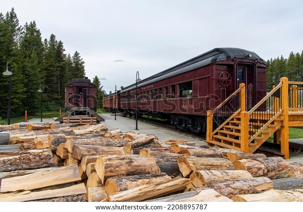Lake\
Louise, AB, Canada-August 2022; View of former railway dining car\
next to the former Lake Louise railway\
station