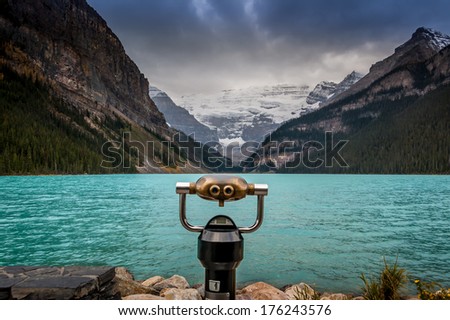 Lake Louise, Alberta, Banff National Park, Canada, with coin operated binoculars in the foreground