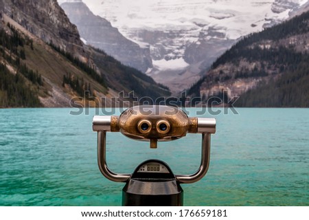 Lake Louise, Alberta, Banff National Park, Canada, with coin operated binoculars in the foreground