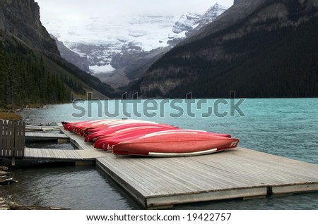 Lake Louise, Alberta, Banff National Park, Canada, with canoes in foreground