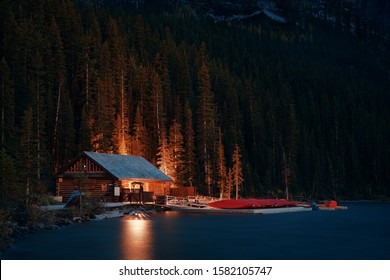 Lake Louise Boat House At Night In Banff National Park Canada