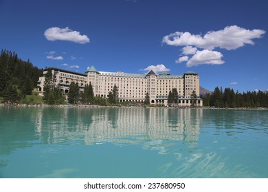 LAKE LOUISE, CANADA - JULY 27: View of the famous Fairmont Chateau Lake Louise Hotel on July 27, 2014. Lake Louise is the second most-visited destination in the Banff National Park. 
