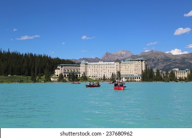 LAKE LOUISE, CANADA - JULY 27: View of the famous Fairmont Chateau Lake Louise Hotel on July 27, 2014. Lake Louise is the second most-visited destination in the Banff National Park. 