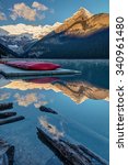 Lake Louise Canoes in Banff National Park at sunrise