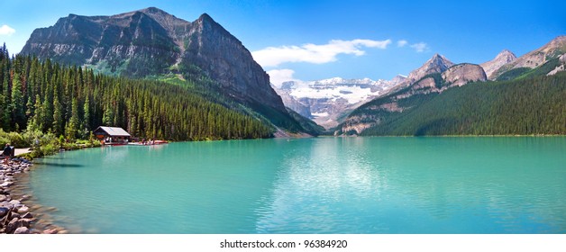 Lake Louise mountain lake panorama in Banff National Park, Alberta, Canada