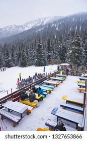 Lake Louise Ski Resort. Lake Louise. Banff. Alberta. Canada. Feb 24 2019.  Skiers Were Getting Ready For Lunch Or A Cup Of Beer At The Lake Louise Temple Lodge Located At The Back Side Of The Ski Hill