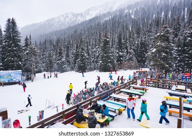 Lake Louise Ski Resort. Lake Louise. Banff. Alberta. Canada. Feb 24 2019.  Skiers Were Getting Ready For Lunch Or A Cup Of Beer At The Lake Louise Temple Lodge Located At The Back Side Of The Ski Hill