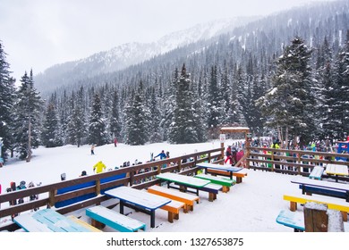 Lake Louise Ski Resort. Lake Louise. Banff. Alberta. Canada. Feb 24 2019.  Skiers Were Getting Ready For Lunch Or A Cup Of Beer At The Lake Louise Temple Lodge Located At The Back Side Of The Ski Hill