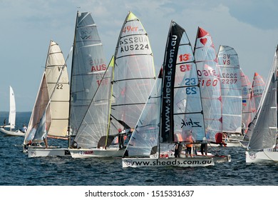 Lake Macquarie, Australia - April 18, 2013: School Children Sailing Competing In The Australian High School Championships On Belmont Bay. 