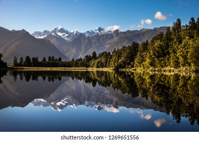 Lake Matheson, New Zealand. Reflected views of mountains