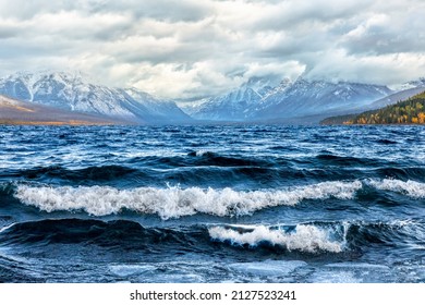 Lake McDonald, Glacier National Park, Montana On A Windy Fall Morning With Whitecap Waves