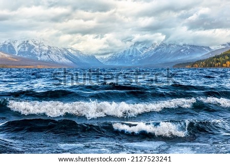 Lake McDonald, Glacier National Park, Montana on a windy fall morning with whitecap waves