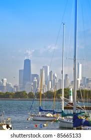Lake Michigan, Boats and Chicago Skyline in the Background. Lake Michigan - Chicago, Illinois, U.S.A. Vertical Photo.