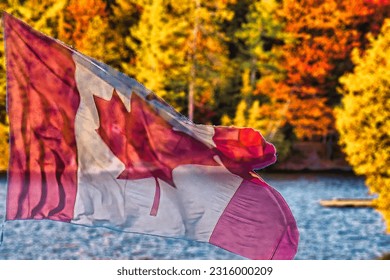 a lake in the middle of a canadian fall forest with yellow and orange leaves and canadian maple leaf flag - Powered by Shutterstock