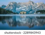 Lake Misurina in Dolomites, Dolomiti mountain, Italian Alps, Belluno, Italy. Alpine lake with reflection at sunset. Summer vacation destination