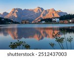 Lake Misurina in the morning sunrise time with alpenglow on mountain peaks and water plants at the foreground, Dolomites, Italy