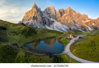 Lake At The Mountain Top. Beautiful Mountain Landscape. Farm In Mountains. Mountain Farm House At Pond