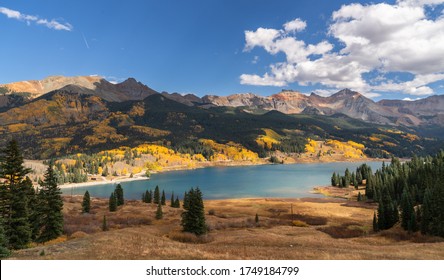 Lake and mountains panorama  at fall, Colorado