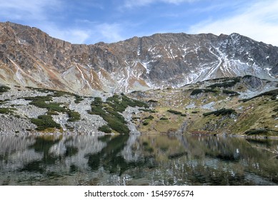 Lake in the mountains. Valley of five Ponds. Tatra National Park in Poland.