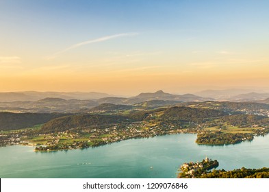 Lake and mountains at Worthersee Karnten Austria. View from Pyramidenkogel tower on lake and Klagenfurt the area.