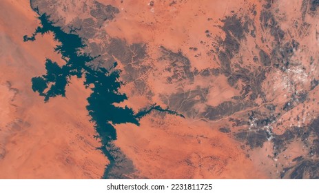 Lake Nasser in southern Egypt. Aerial view of lake. Earth landscape from satellite view. Earth texture from air. Elements of this image furnished by NASA - Powered by Shutterstock