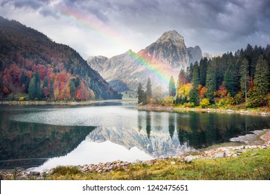 Lake Obersee Switzerland Western Europe is a beautiful clear lake with cold water and wild forests on the banks attractive for tourists and romantic walks along the path around - Powered by Shutterstock