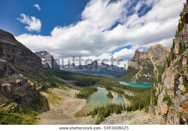Lake O\'Hara and Mary Lake as viewed from Mount\
Shaffer. The trail here was getting a bit steep, a misstep could\
result in a very bad\
situation.