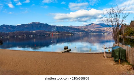 Lake Orta winter panorama, from the beach of the municipality of Gozzano (Novara Province). It's a small lake of glacial origin in the Piedmont Region (Northern Italy).	