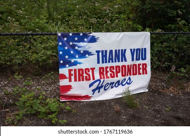 Lake Oswego, OR, USA - Jun 30, 2020: A Banner With A Message Of Gratitude For First Responders Is Seen Outside The Lake Oswego High School Campus During The Coronavirus Pandemic.