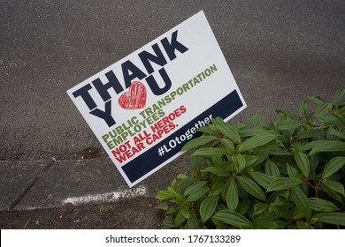 Lake Oswego, OR, USA - Jun 30, 2020: A Banner With A Message Of Gratitude For Public Transportation Employees Is Seen At Lake Oswego Transit Center During The Coronavirus Pandemic.