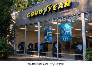 Lake Oswego, OR, USA - Mar 11, 2021: The Goodyear Tire Shop In Lake Oswego, Oregon. The Goodyear Tire And Rubber Company Is An American Tire Manufacturing Company Based In Akron, Ohio.